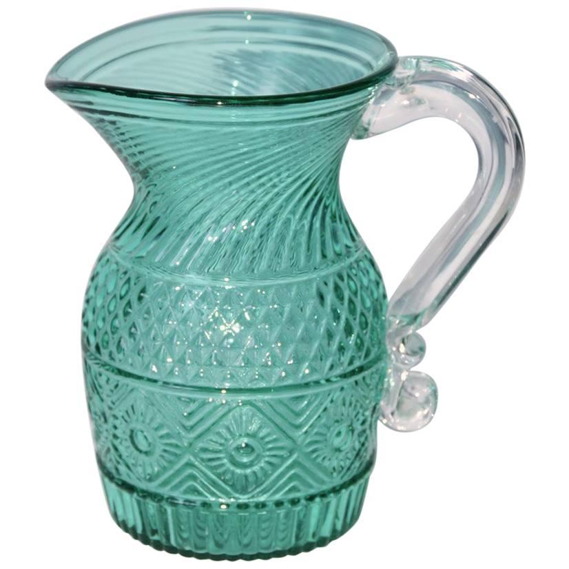 Small Vintage Handblown and Pressed Blue Green Glass Pitcher