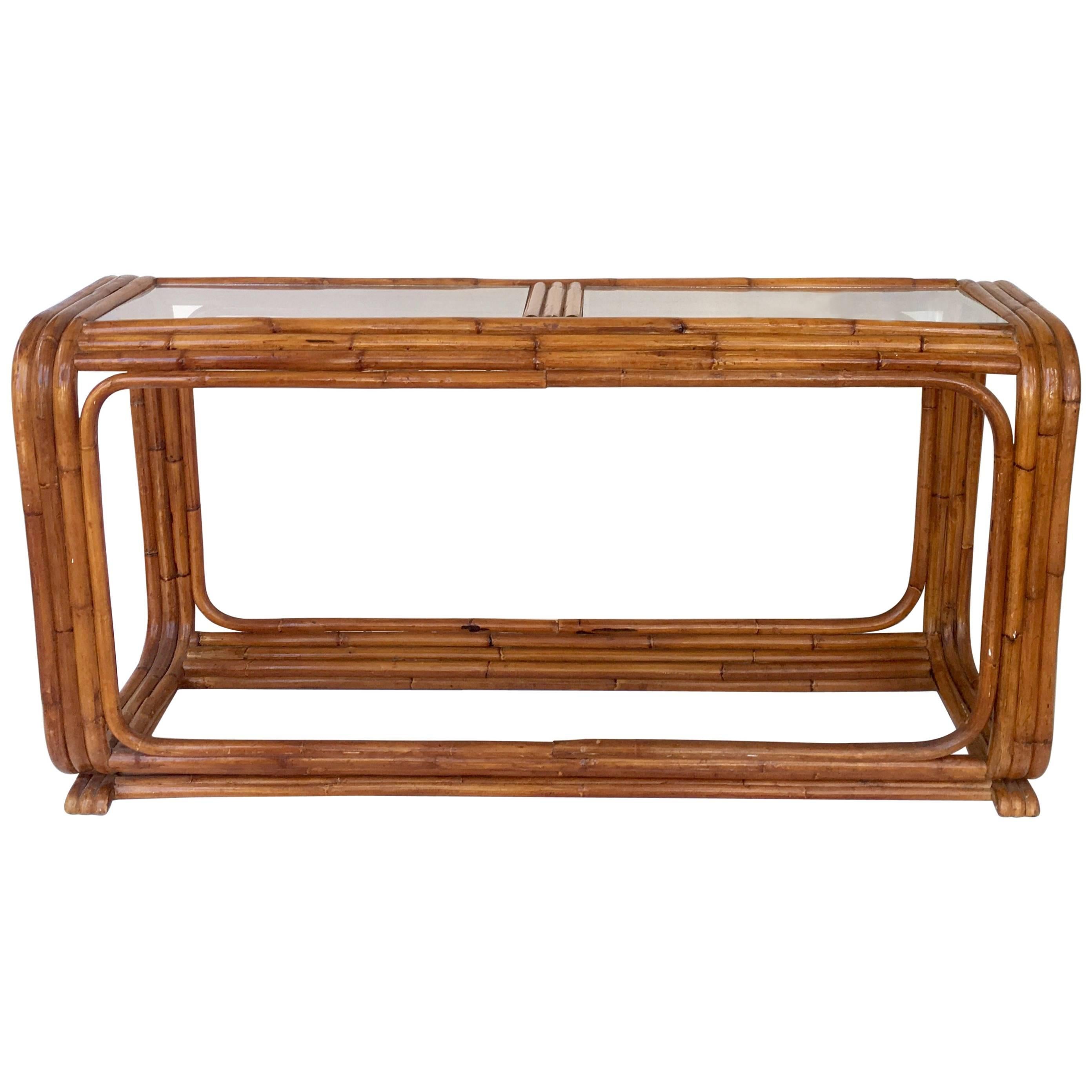 30'S Art Deco Paul Frankl Style Rattan Reed Glass Top Long Console Table