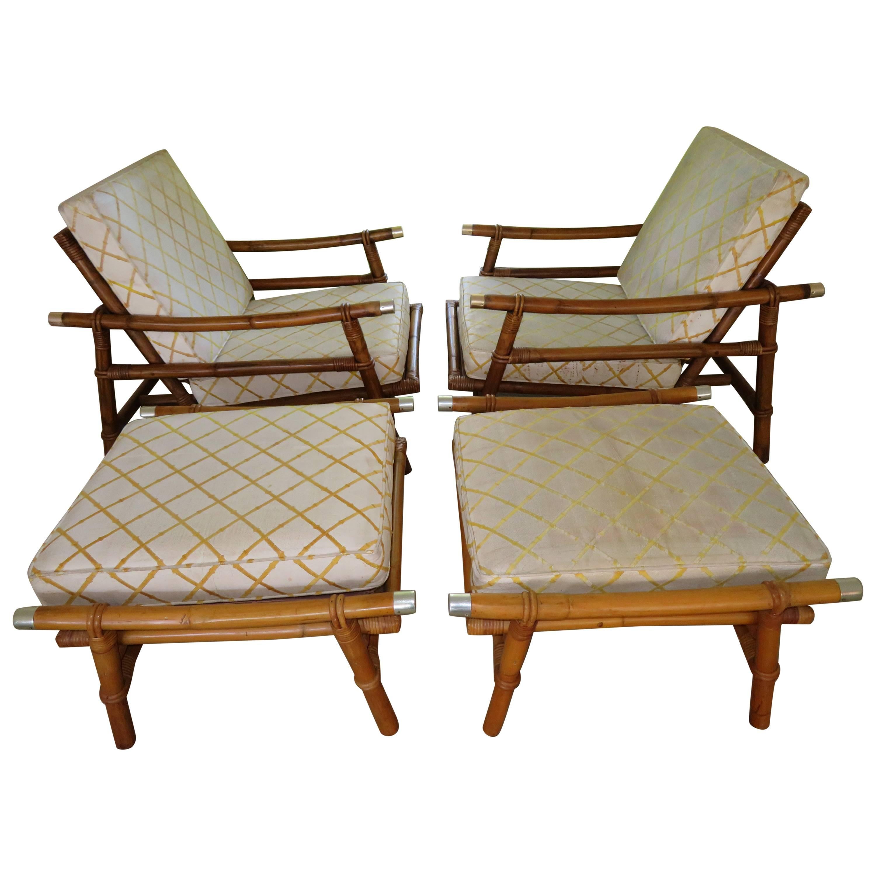 Stylish Pair of John Wisner for Ficks Reed Bamboo Lounge Chairs and Ottomans