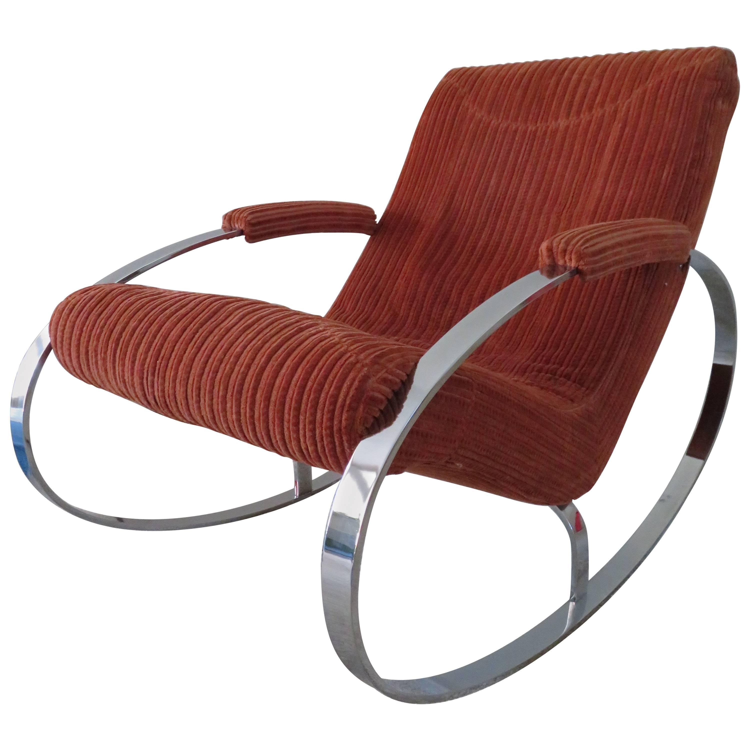 Gorgeous Milo Baughman Chrome Flatbar Oval Rocking Chair Mid-Century Modern