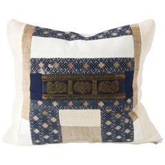 Vintage Piecework Textile Pillow, Indigo / Blue and White