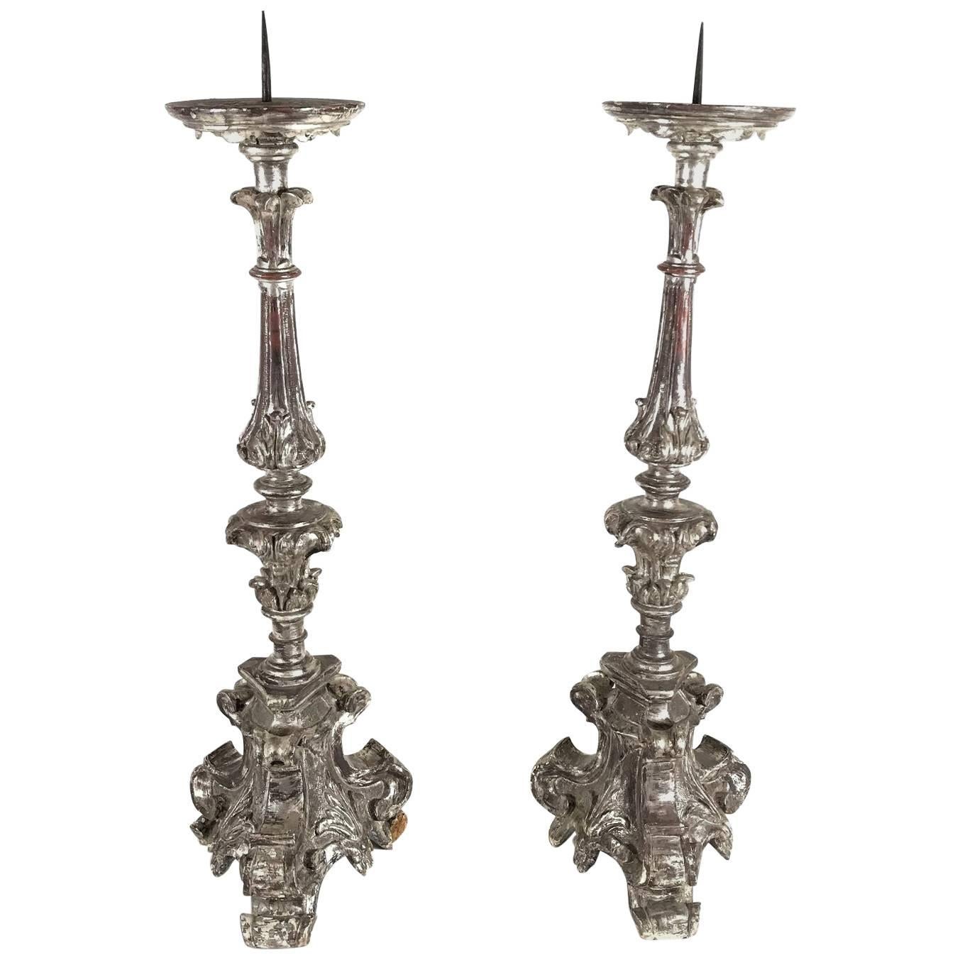 Hand-Carved Baroque Silver Giltwood Candlesticks, 17th Century Italy