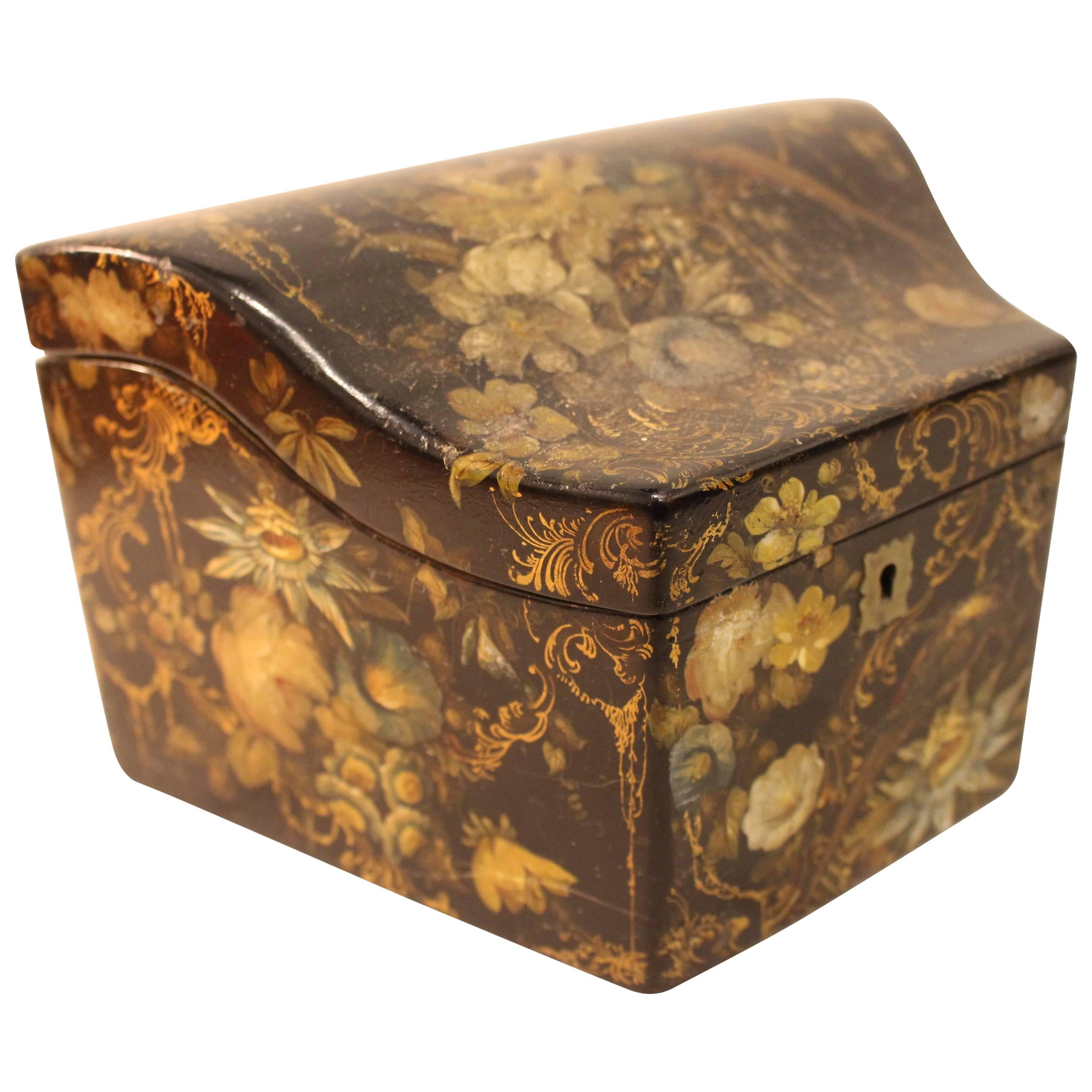 Victorian Papier-Mache Stationary Box With Painted, Gilded Birds and Flowers