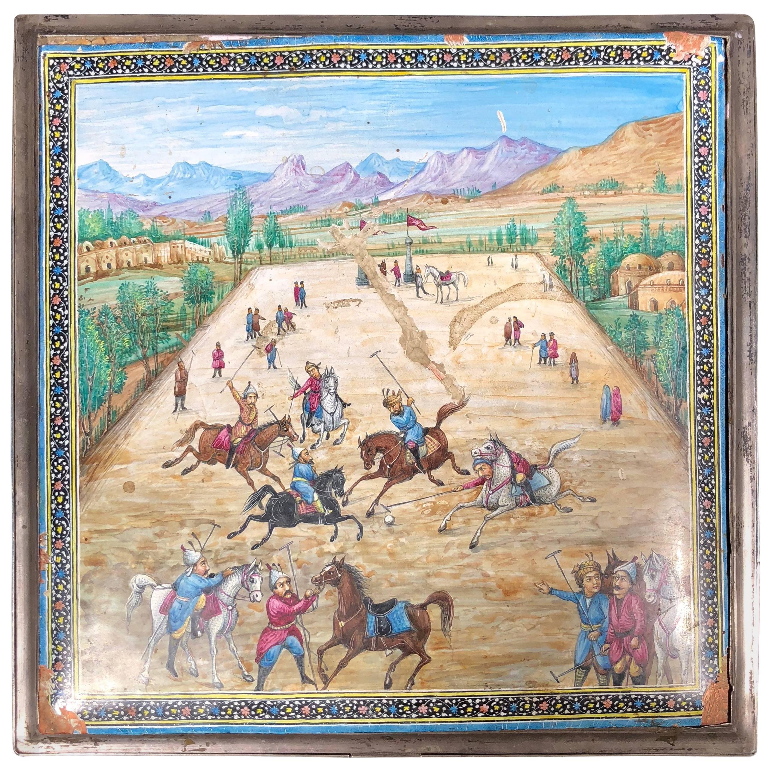 Large Mid-19th Century Iranian Silver Persian Miniature Enamel Painted Polo Box For Sale