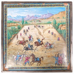 Large Mid-19th Century Iranian Silver Persian Miniature Enamel Painted Polo Box