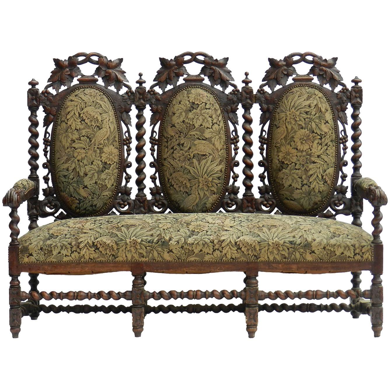 French Sofa 19th Century Louis XIII, Country House Canape Oak Medallion Back