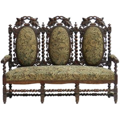 French Sofa 19th Century Louis XIII, Country House Canape Oak Medallion Back