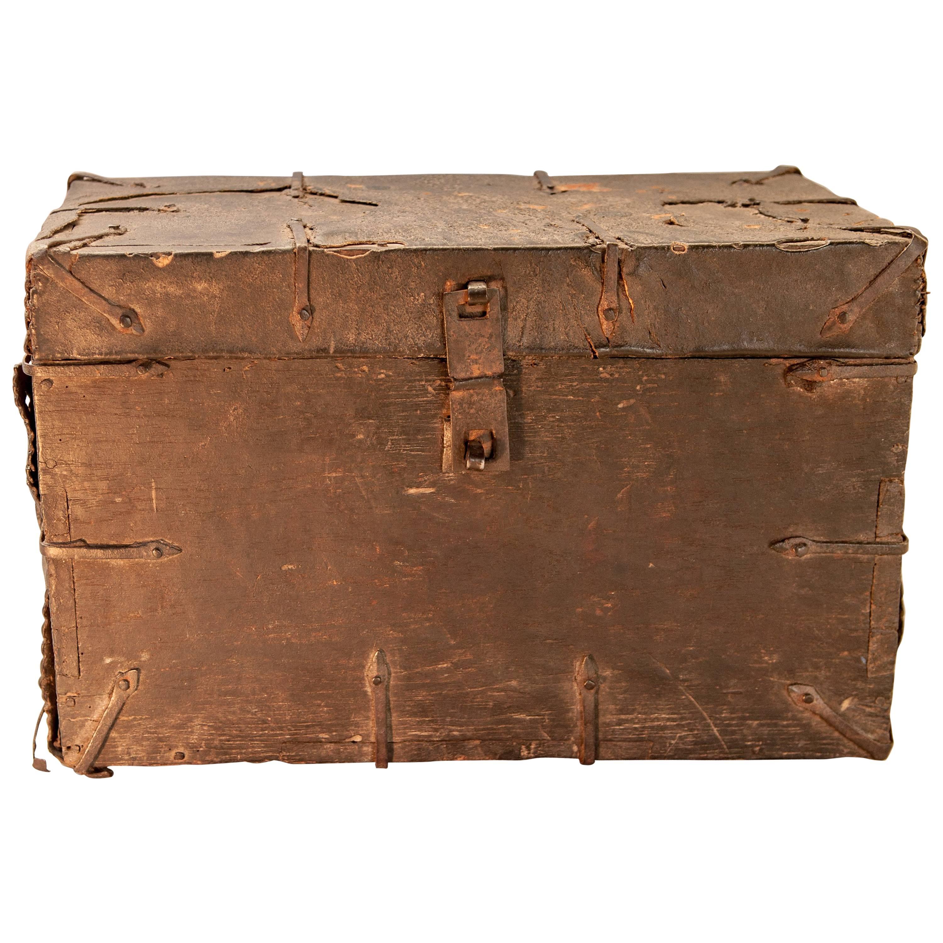 Vintage Wooden and Leather Chest from Tibet, Early-Mid 20th Century.