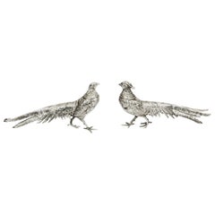 Early 20th Century Pair of Silver Plate Bronze Table Pheasants