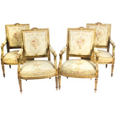 Antique Set of Four Louis XVI Revival Giltwood Armchairs Late 19 Century