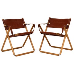 Pair of Danish Vintage Leather Folding Safari Chairs