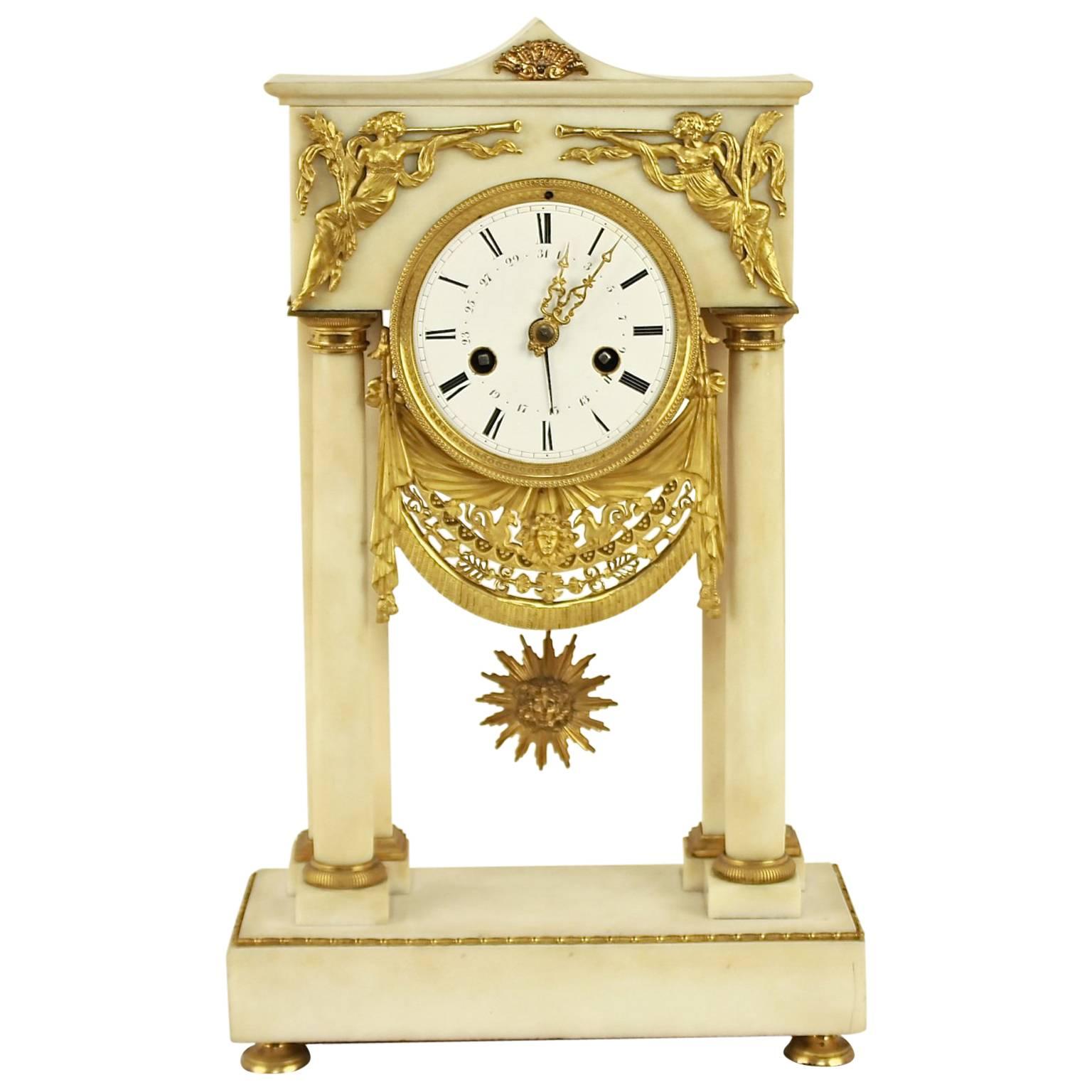 French Empire Alabaster Portico Clock with Ormolu Mounts