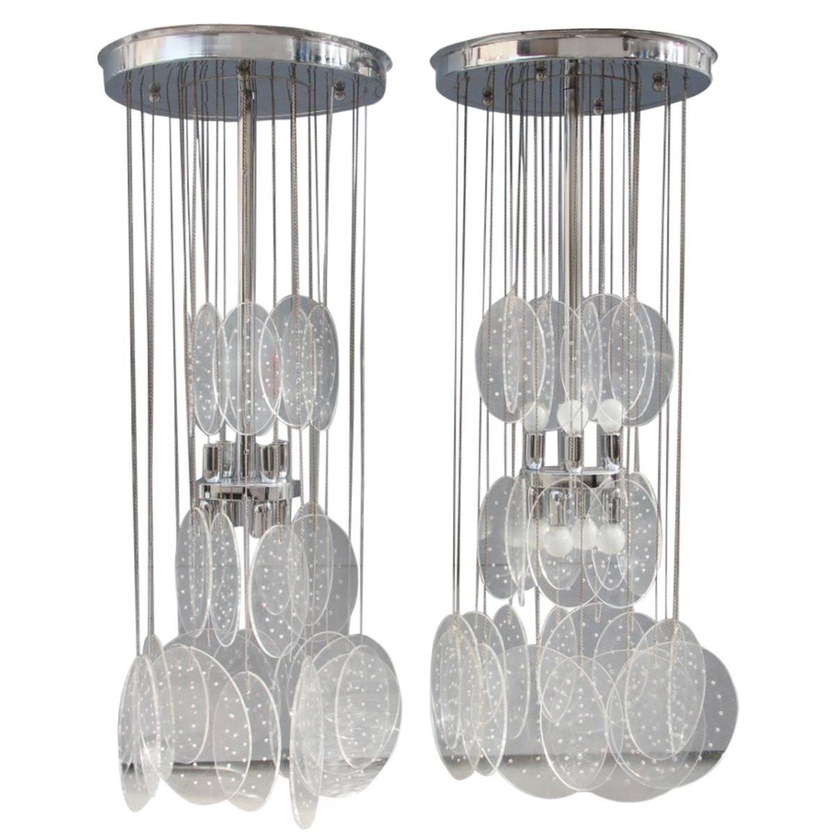 Pair of Chandeliers plexiglass and metal chrome Italian Design 1970 Pop-Art For Sale