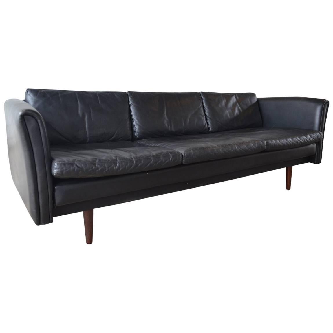 Black Leather Danish Sofa 1960 For Sale