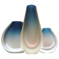 Deep Acquamarine Rose Sfumato Large Trittico Vase, Battuto Finish, Murano Made