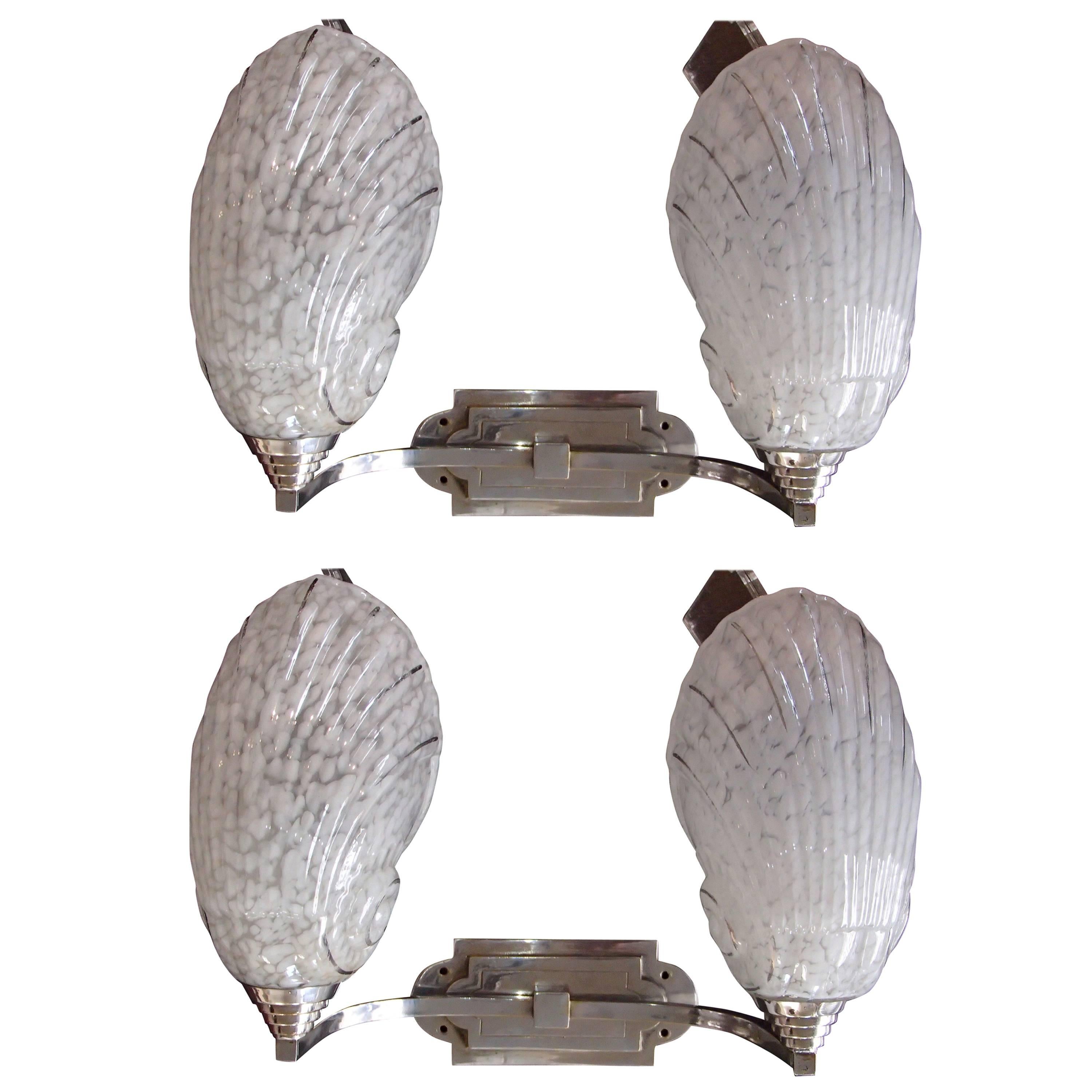 Art Deco Pair of Double Wall Lights Scones with Shell Glass Chrome Fitting