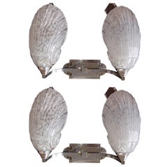 Art Deco Pair of Double Wall Lights Scones with Shell Glass Chrome Fitting