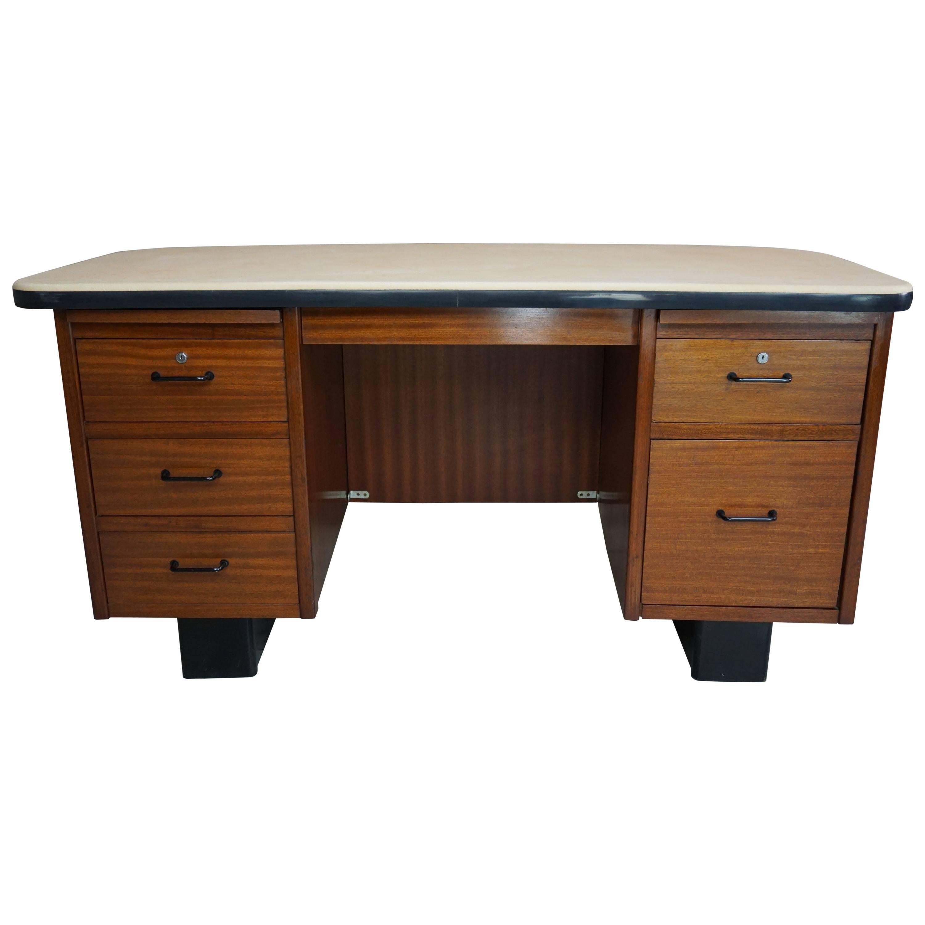 Teak Executive Desk French Design from the 1950s Art Deco Style