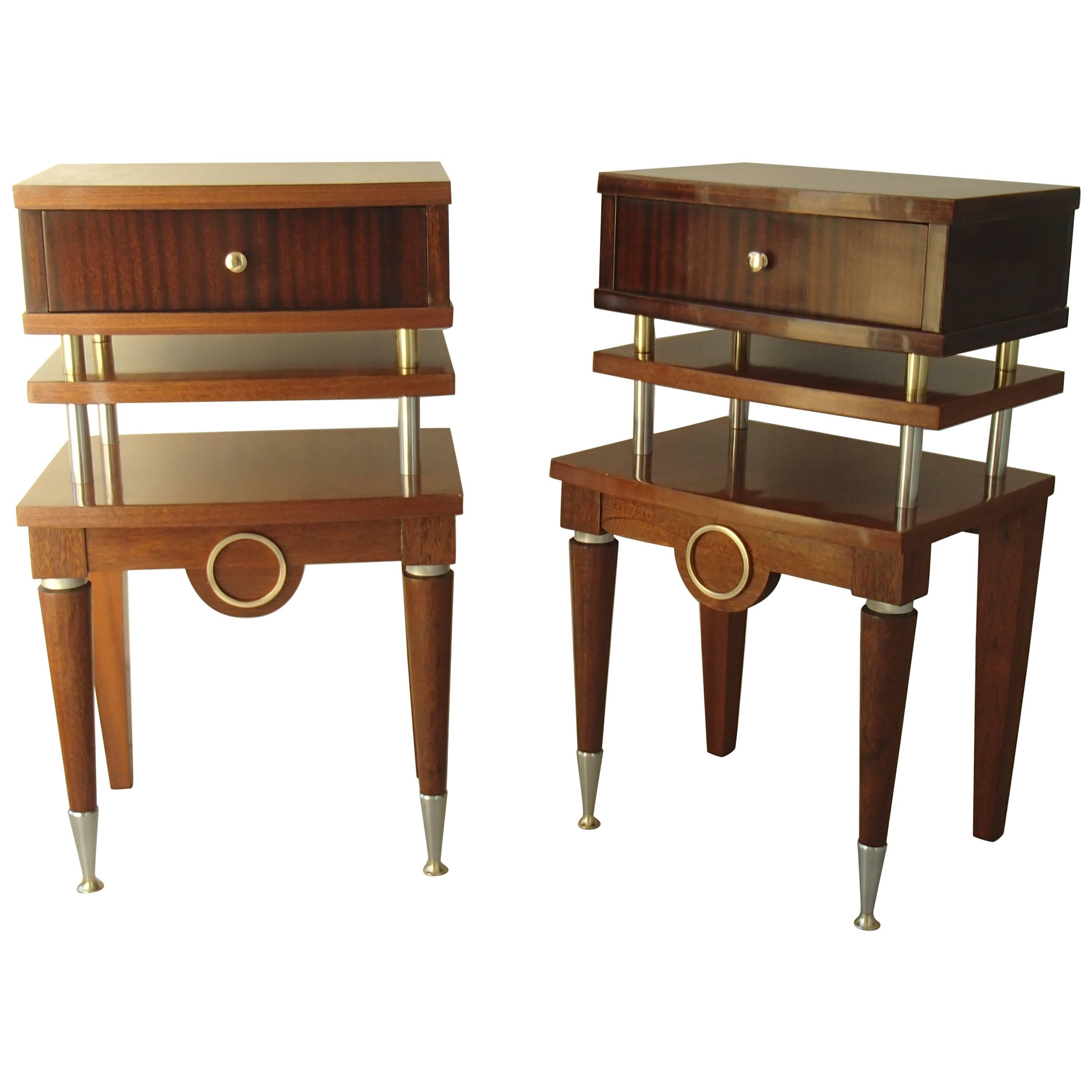 Art Deco Pair Nightstands or Side Tables Mahogany and Brass
