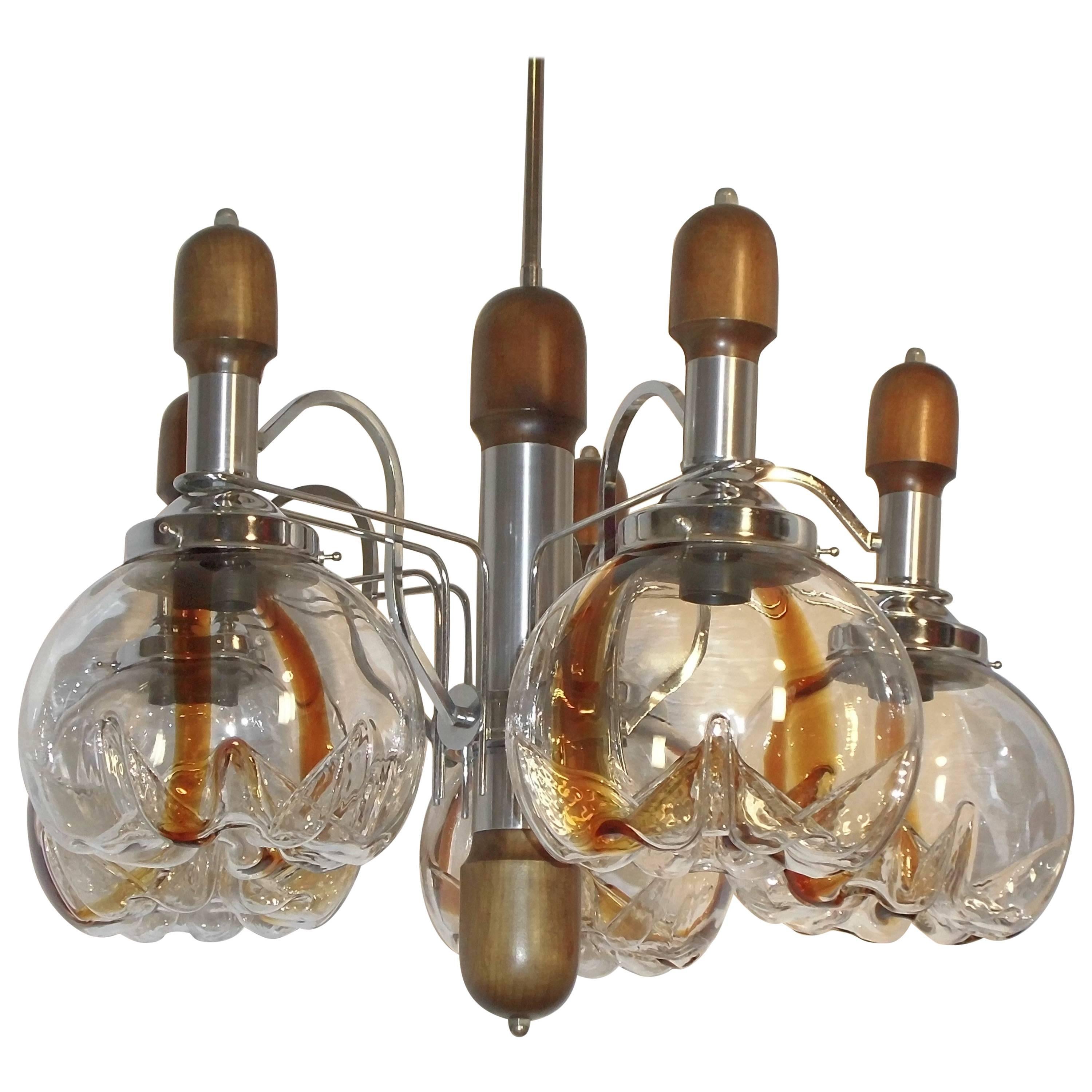  XXL Chandelier in Wood and Chrome Five Lights With Murano Glass