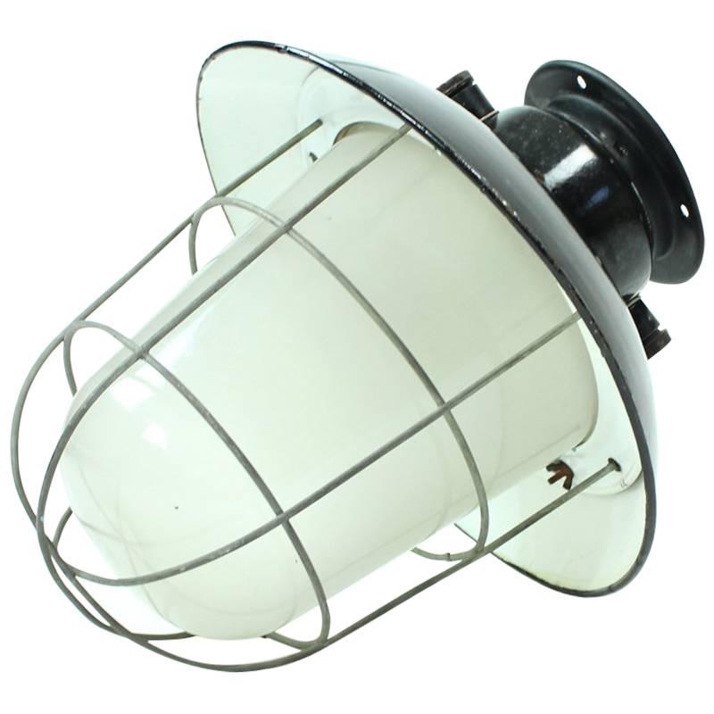 Industrial Factory Ceiling Light in Glass and Black Metal, Czechoslovakia 1950 For Sale