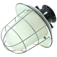 Industrial Factory Ceiling Light in Glass and Black Metal, Czechoslovakia 1950