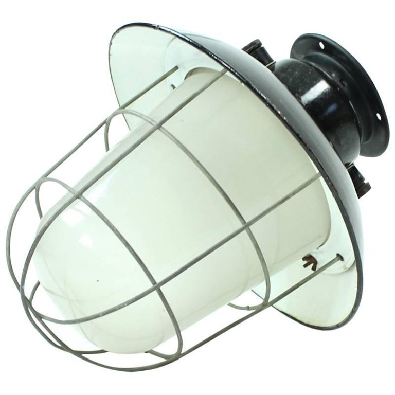 Industrial Factory Ceiling Light in Glass and Black Metal