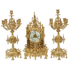Japy Freres Gilt Bronze Gothic Clock Set