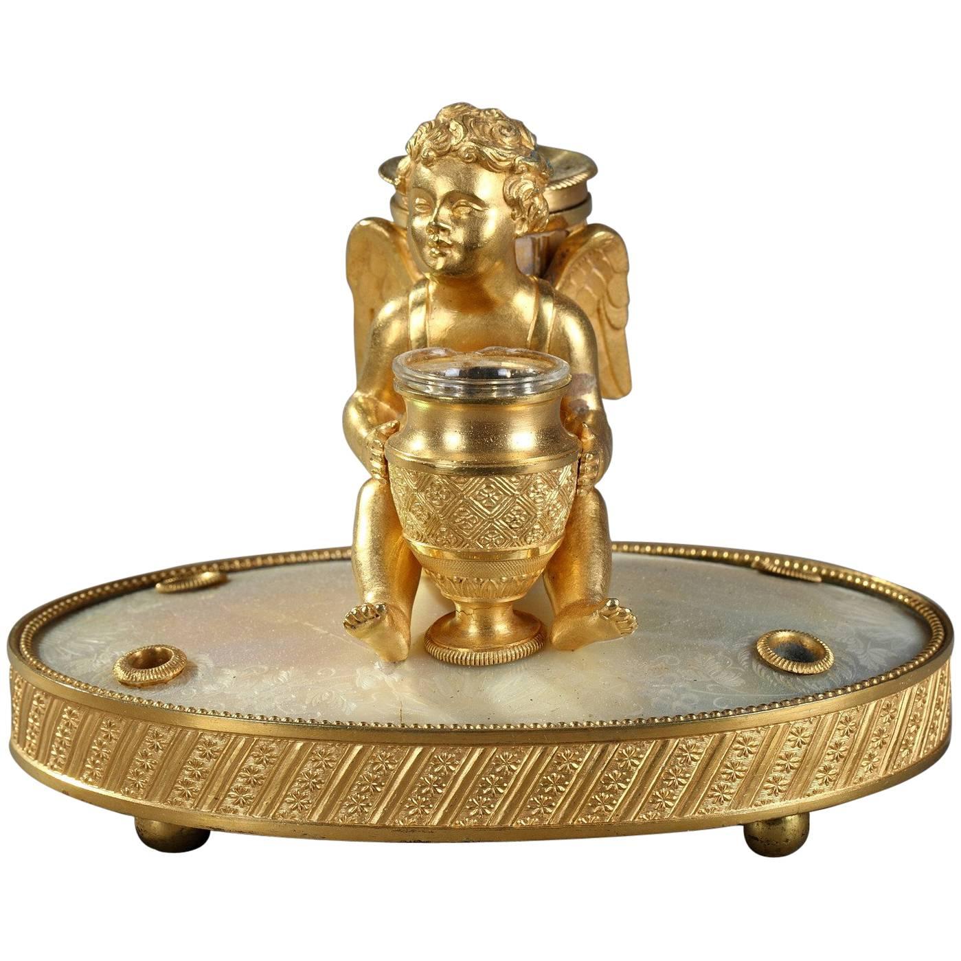 19th Century Charles X Ormolu and Mother-of-Pearl Inkwell With Cupid