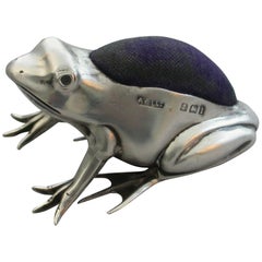 Antique Edwardian Novelty Silver Frog Pin Cushion by Adie & Lovekin, Birmingham, 1910