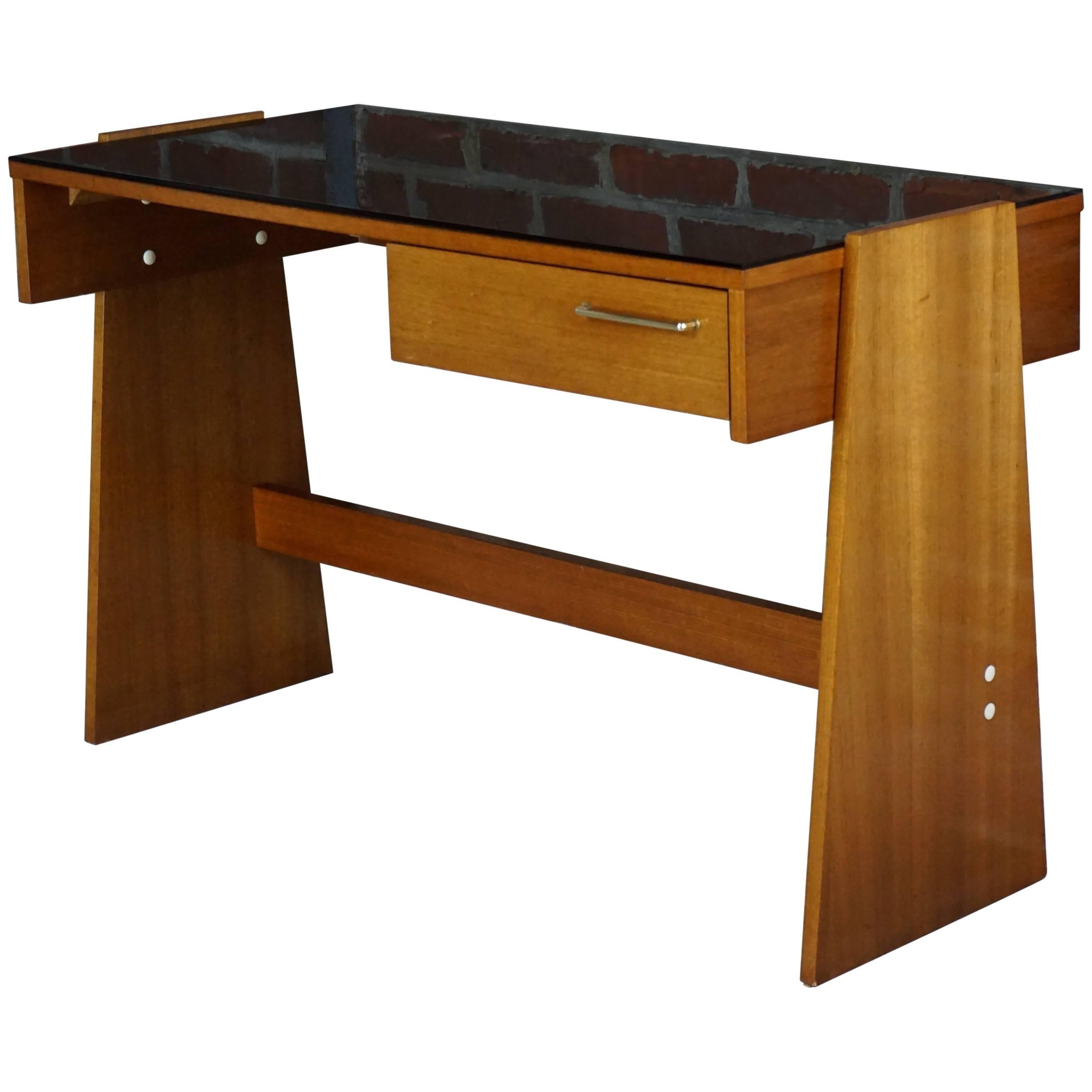 Teak and Black Glass Top Desk Design of the 1960s
