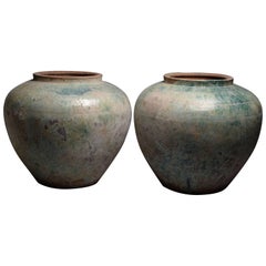 Pair of Huge Ancient Chinese Han Dynasty Green Glazed Vases, 206 BC