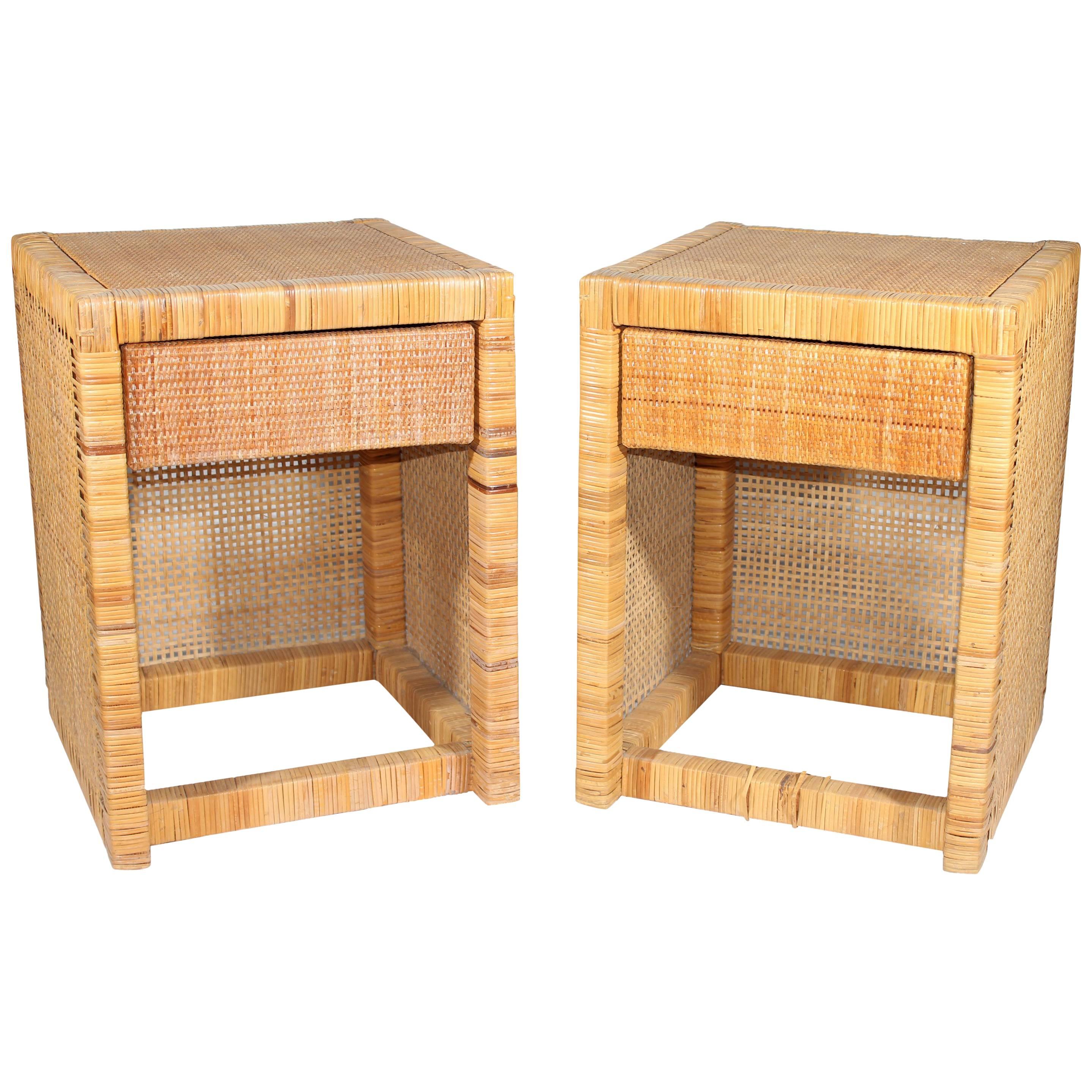 1980s Pair of Rattan Side Tables with Drawer 