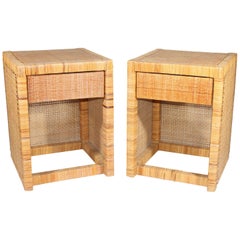 1980s Pair of Rattan Side Tables with Drawer