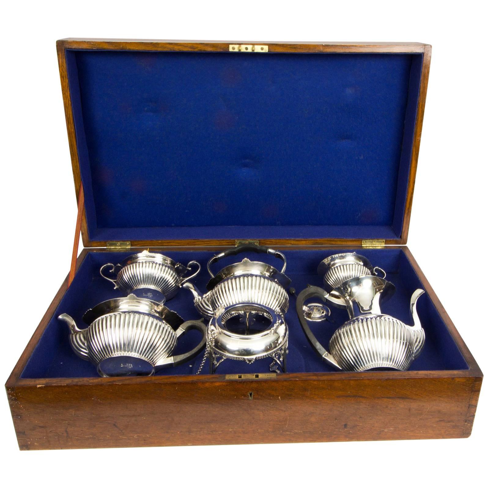 Antique English Edwardian Cased Silver Five x Teaset Walker and Hall, 1908