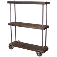 Industrial Rolling Shelving Storage Rack Bookcase, Rough Sawn Pine and Cast Iron