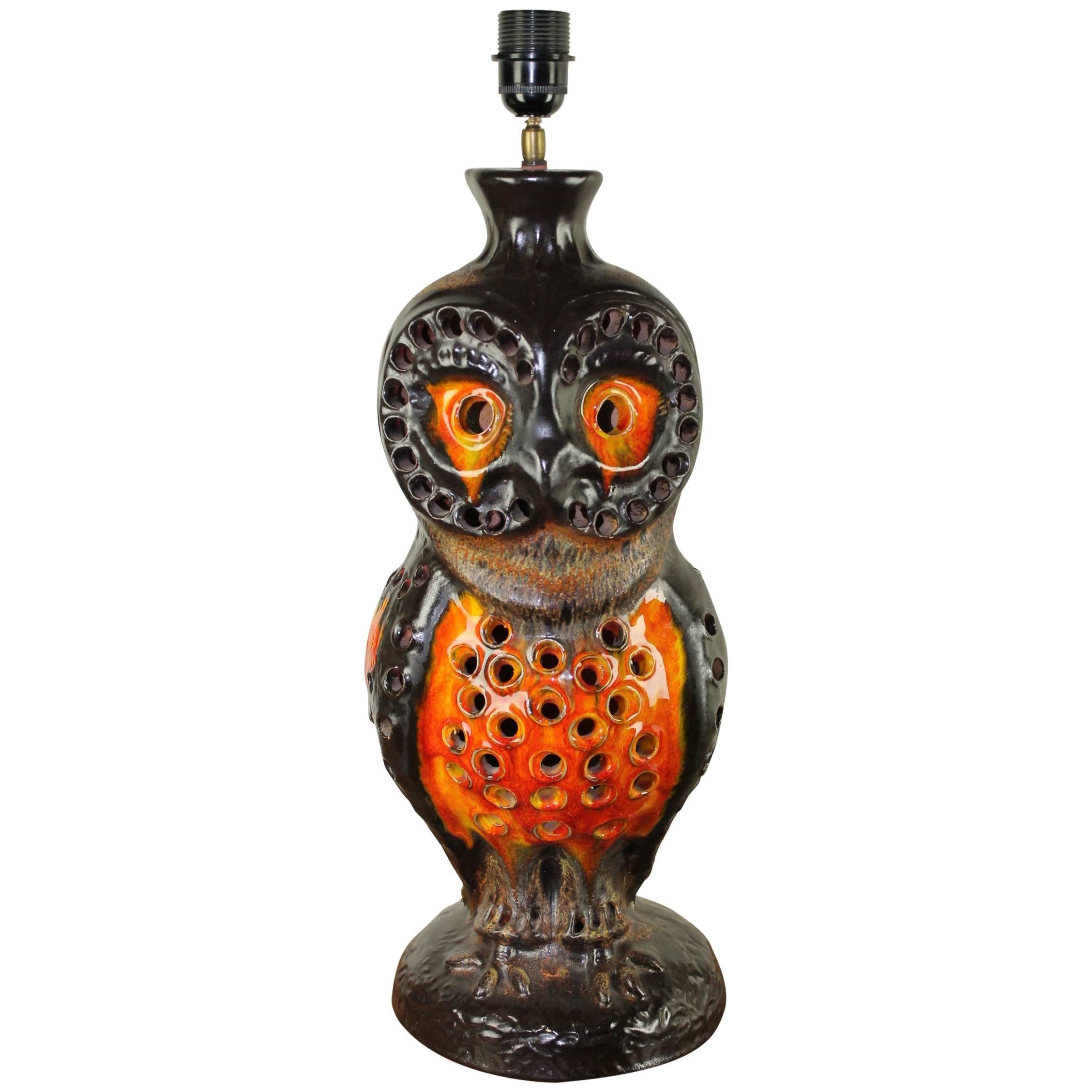 1970s Huge Fat Lava Ceramic Owl Table Lamp