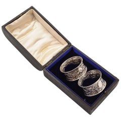 Antique Cased Pair of Edwardian Silver Napkin Rings, Birmingham, 1904