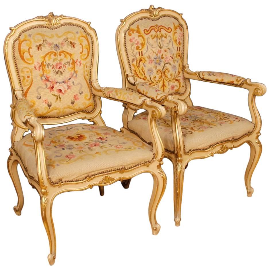 Pair of Italian Lacquered and Gilt Armchairs in Louis XV Style, 20th Century
