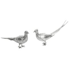 Antique Pair of Continental 800 Silver Pheasants 19th Century