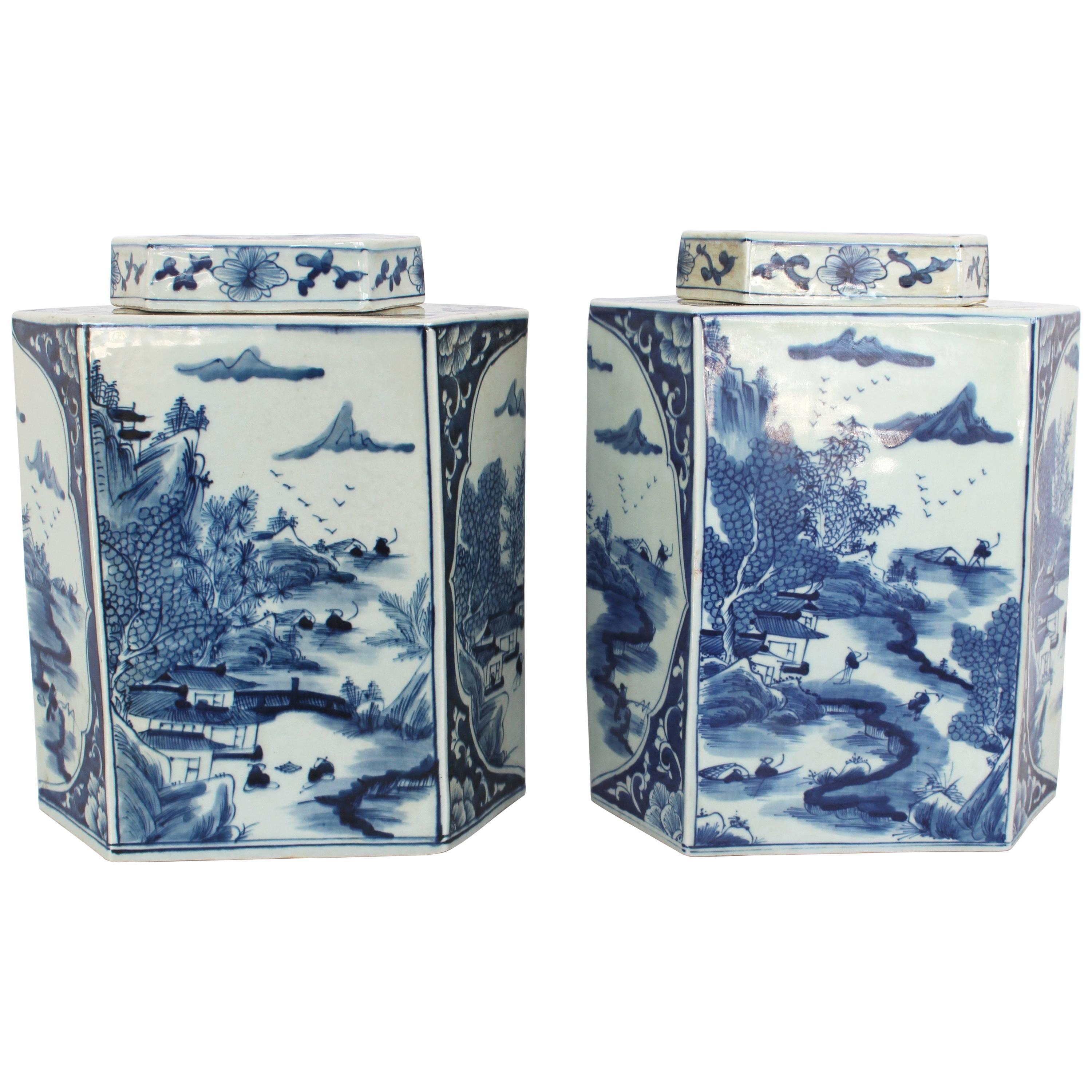 Pair of Hexagonal Chinese Blue and White Tea Caddies