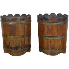 Antique Pair of English Brass Bound Wooden Planters with Scalloped Tops, 19th Century