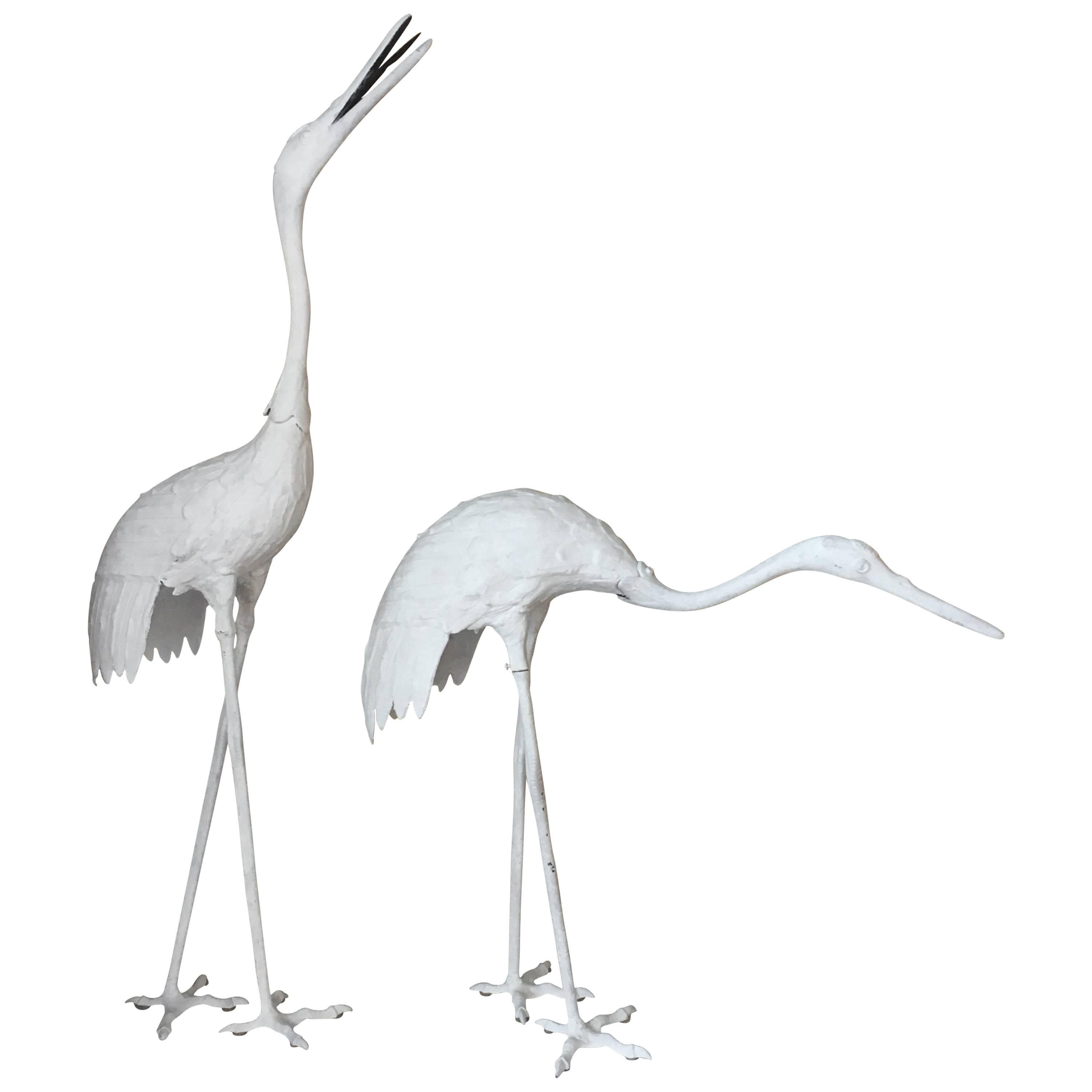 Pair of Late 20th Century White Painted Iron Crane Sculptures