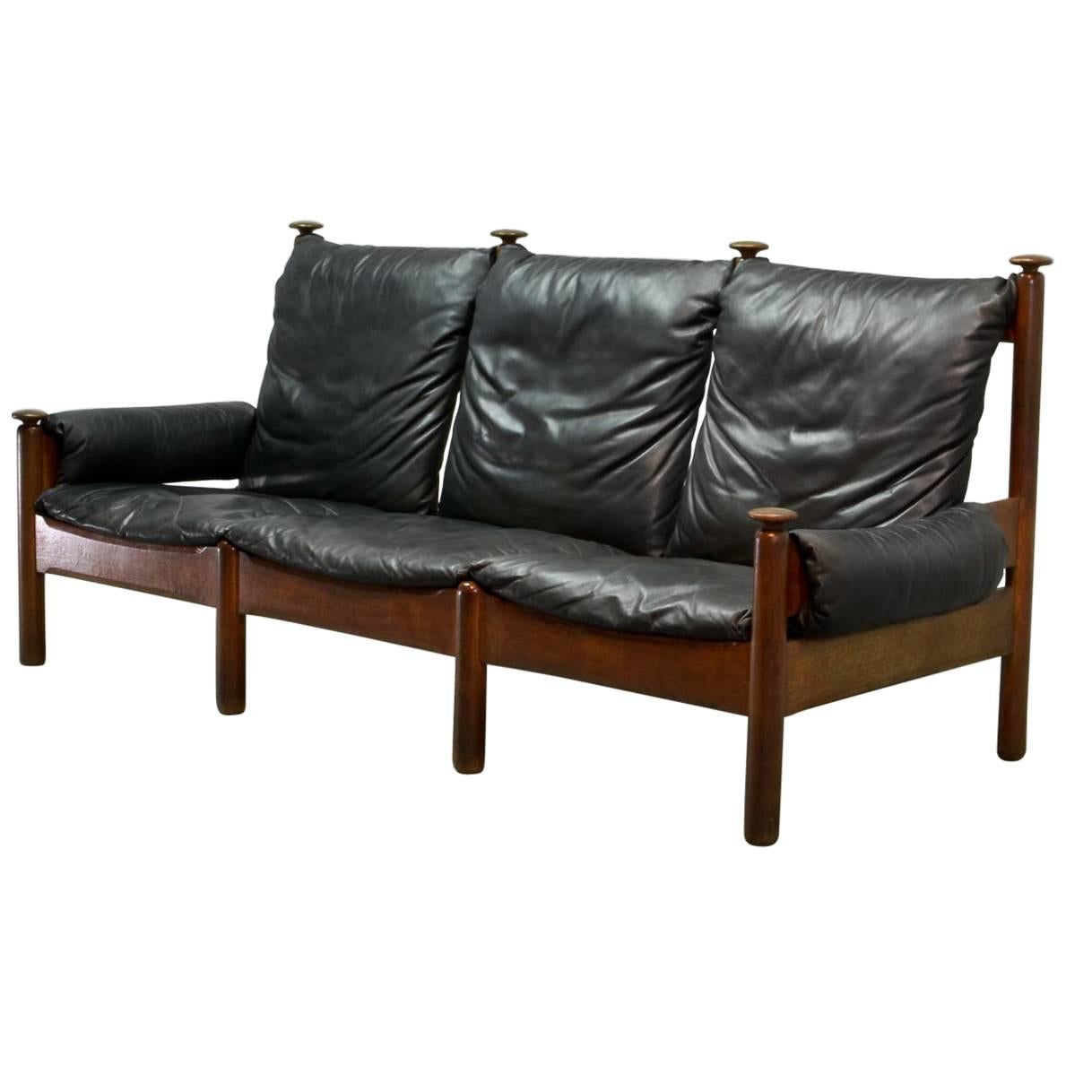 Sturdy Midcentury Black Leather Scandinavian Three-Seat Sofa, 1960s 