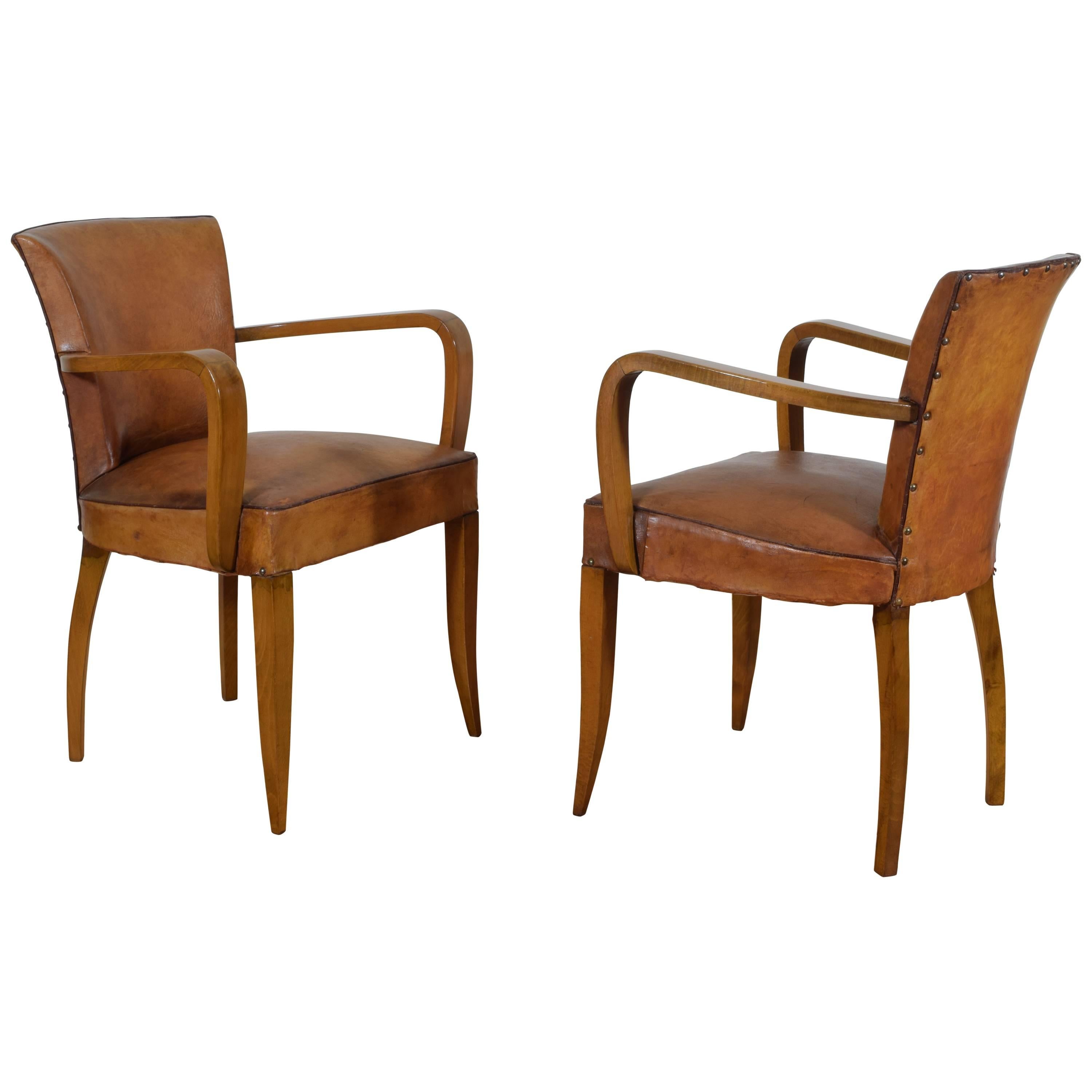 Pair of French Art Deco Light Walnut and Leather Upholstered Armchairs