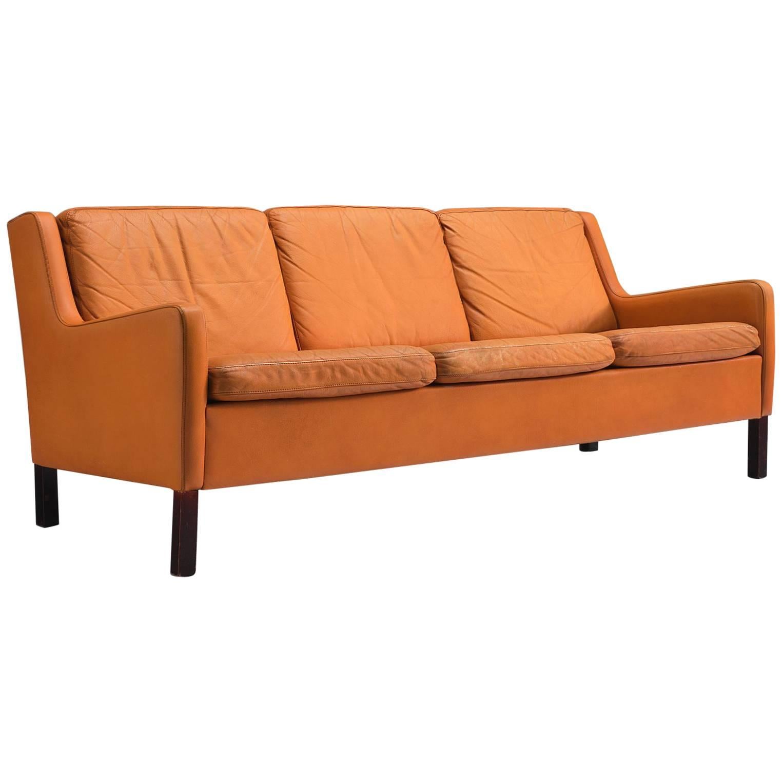 Danish Three-Seat Cognac Leather Sofa