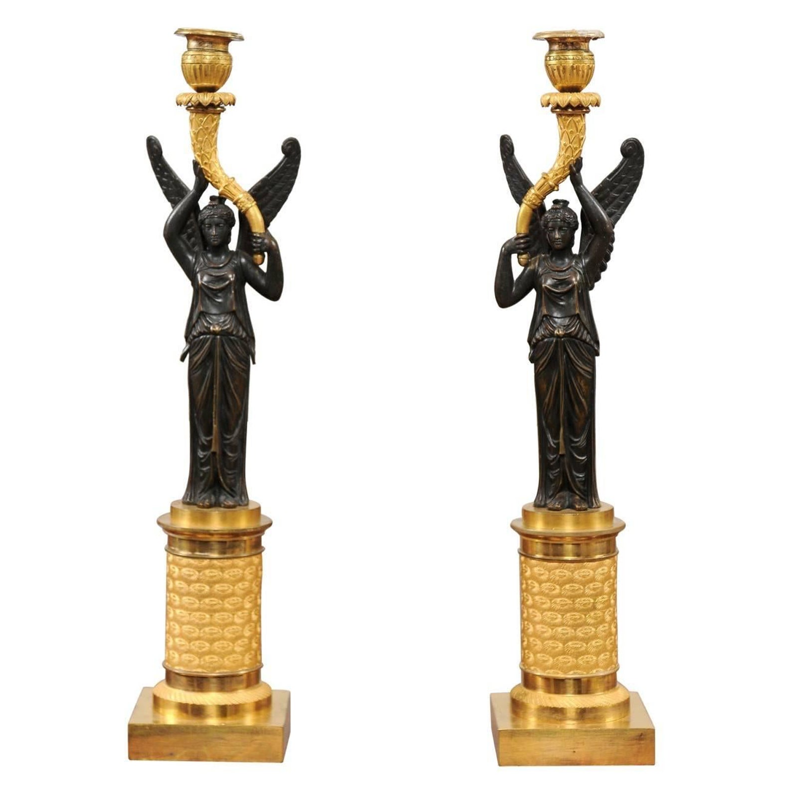 Pair of Empire Candlesticks with Patinated Figures, France, 19th Century For Sale