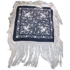 Black and White Cantonese Silk Embroidered Shawl with Long Fringe circa 1920