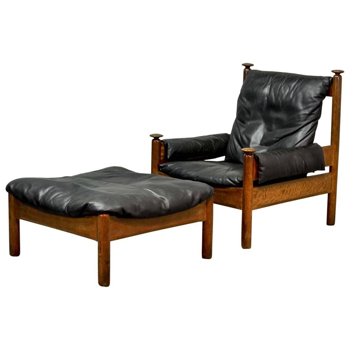 Sturdy Midcentury Black Leather Scandinavian Lounge Chair with Ottoman, 1960s