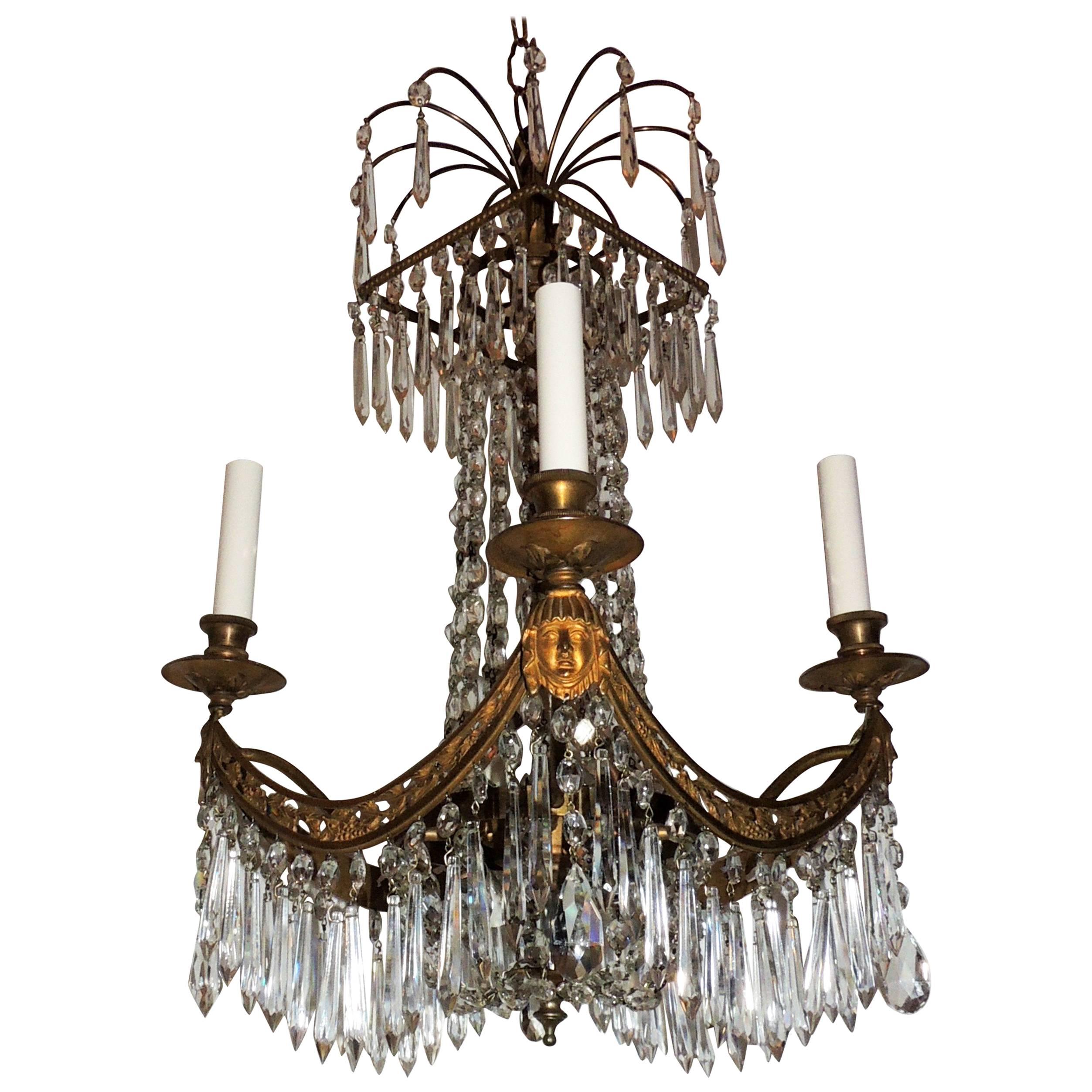 Fine French Bronze Neoclassical Baltic Empire Crystal Square Basket Chandelier 